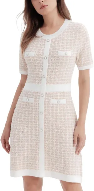 Women's Sweater Dress Knit Tweed Dress Short Sleeve Pearl Button Mini Dresses Trendy for Fall Spring Summer