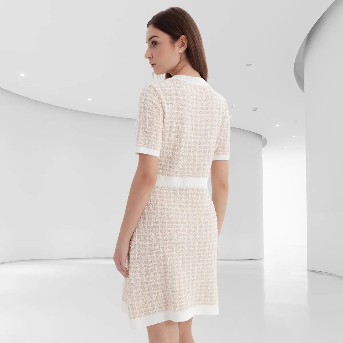Women's Sweater Dress Knit Tweed Dress Short Sleeve Pearl Button Mini Dresses Trendy for Fall Spring Summer