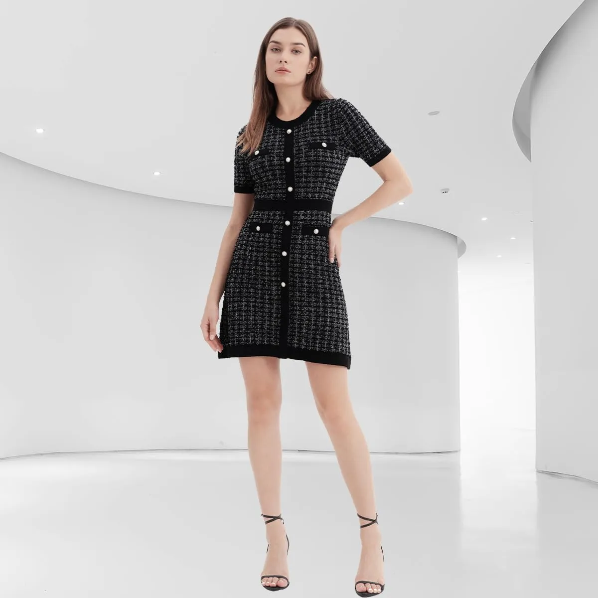Women's Sweater Dress Knit Tweed Dress Short Sleeve Pearl Button Mini Dresses Trendy for Fall Spring Summer