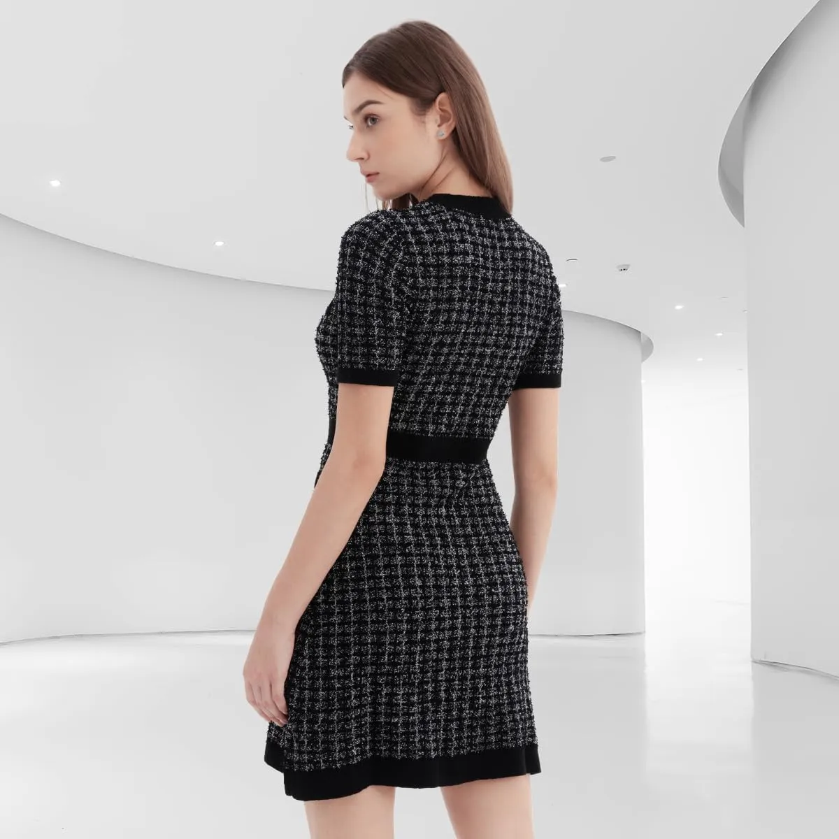 Women's Sweater Dress Knit Tweed Dress Short Sleeve Pearl Button Mini Dresses Trendy for Fall Spring Summer