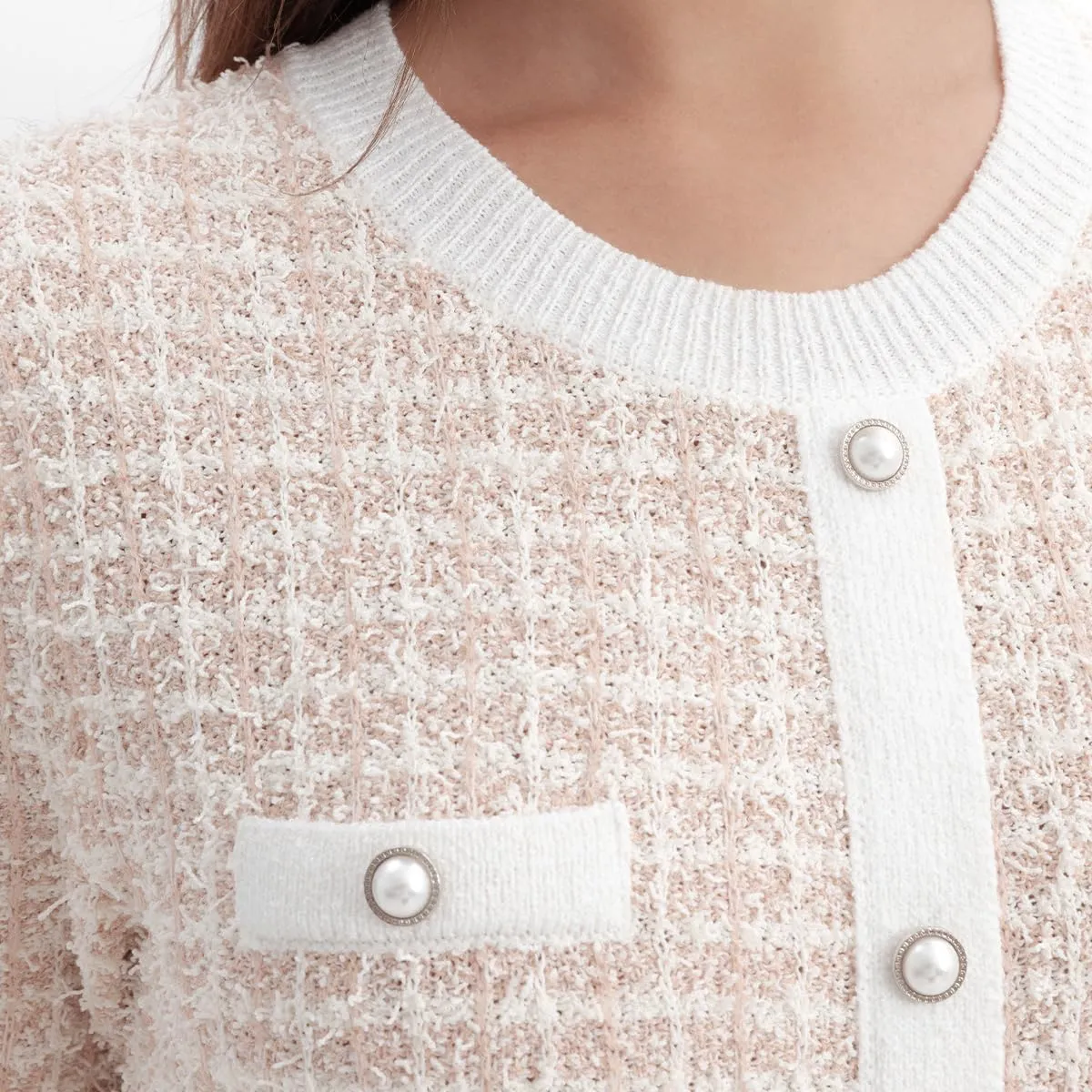 Women's Sweater Dress Knit Tweed Dress Short Sleeve Pearl Button Mini Dresses Trendy for Fall Spring Summer