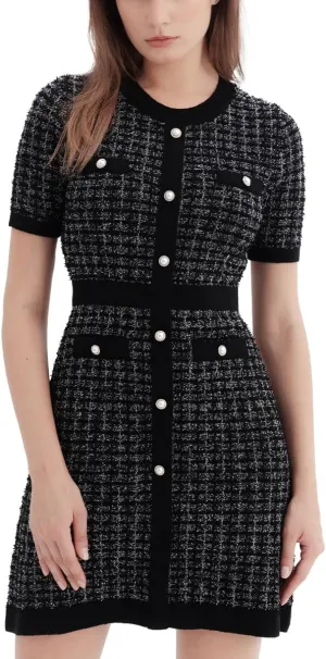 Women's Sweater Dress Knit Tweed Dress Short Sleeve Pearl Button Mini Dresses Trendy for Fall Spring Summer