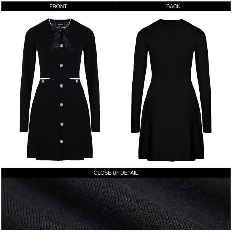 Women's Sweater Dress Long Sleeve Knitted Dresses Button Down Mini Bow Tie Casual Dress Fall Winter Spring