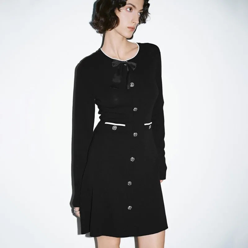 Women's Sweater Dress Long Sleeve Knitted Dresses Button Down Mini Bow Tie Casual Dress Fall Winter Spring
