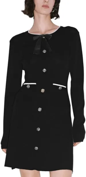 Women's Sweater Dress Long Sleeve Knitted Dresses Button Down Mini Bow Tie Casual Dress Fall Winter Spring