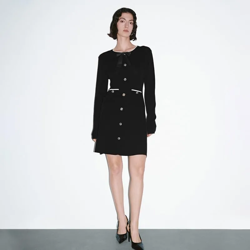Women's Sweater Dress Long Sleeve Knitted Dresses Button Down Mini Bow Tie Casual Dress Fall Winter Spring