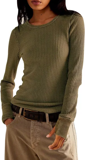Women's Waffle Knit Tops Long Sleeve Shirts Casual Slim Fitted Crew Neck Pullover Shirts