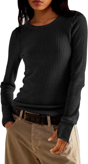 Women's Waffle Knit Tops Long Sleeve Shirts Casual Slim Fitted Crew Neck Pullover Shirts