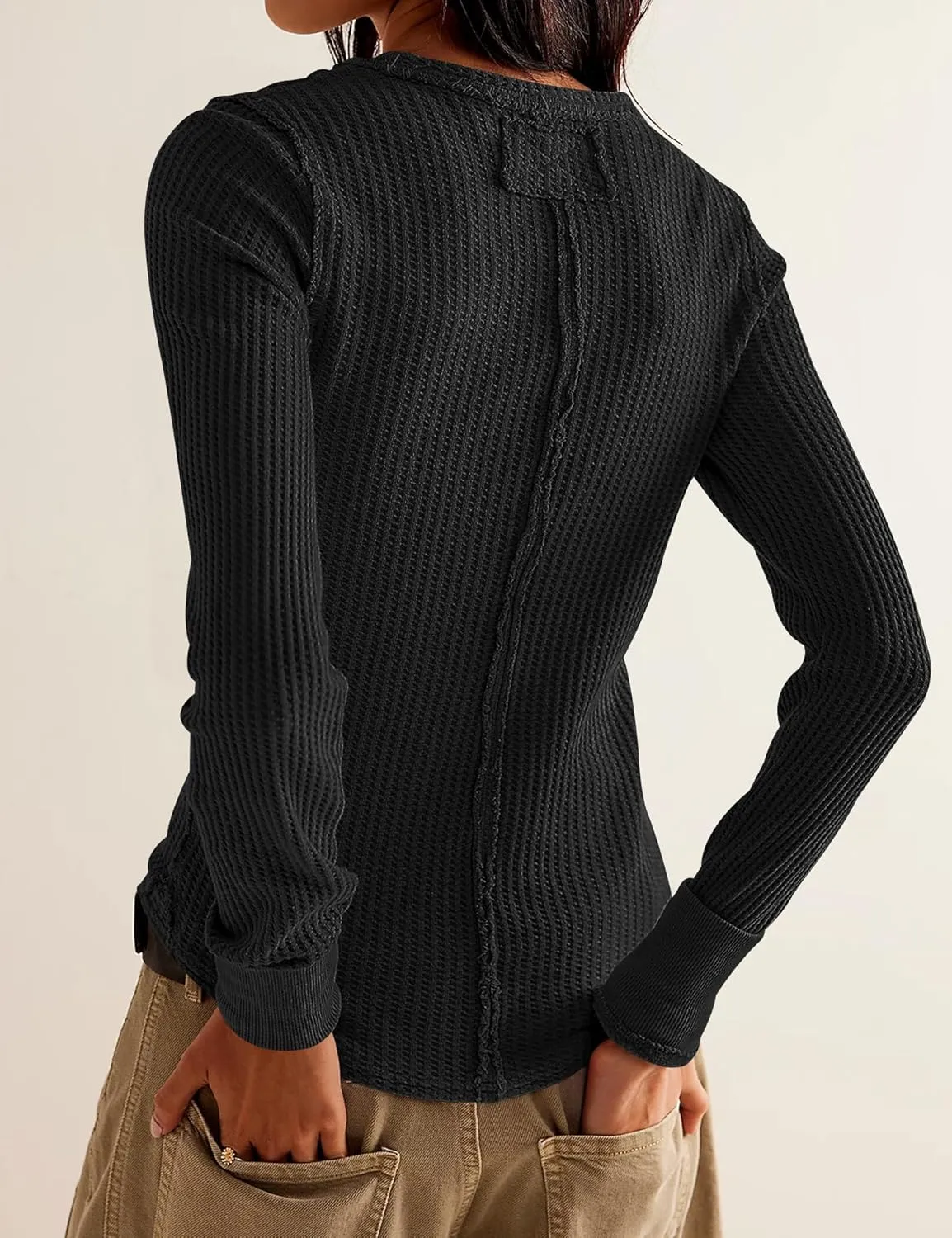 Women's Waffle Knit Tops Long Sleeve Shirts Casual Slim Fitted Crew Neck Pullover Shirts