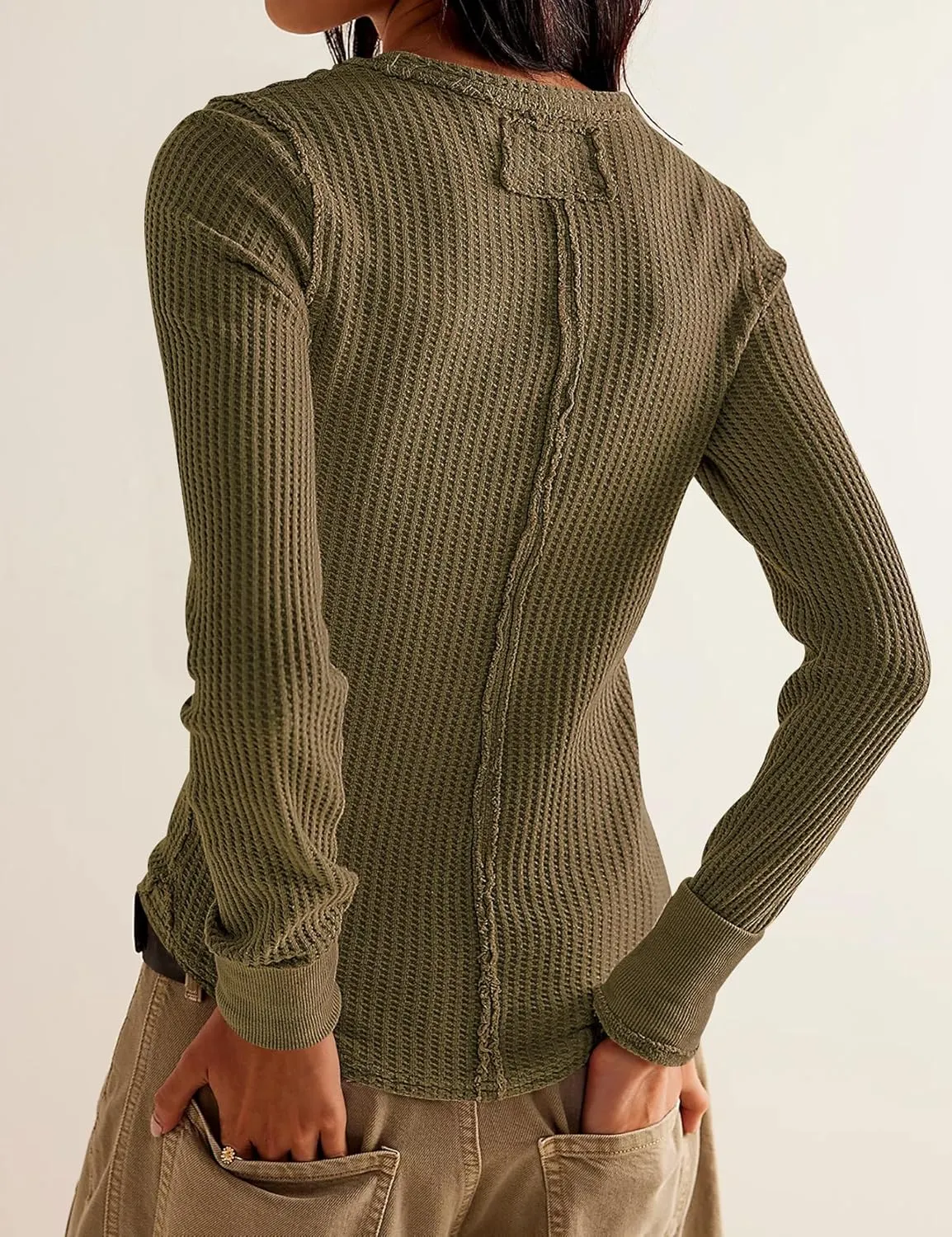 Women's Waffle Knit Tops Long Sleeve Shirts Casual Slim Fitted Crew Neck Pullover Shirts