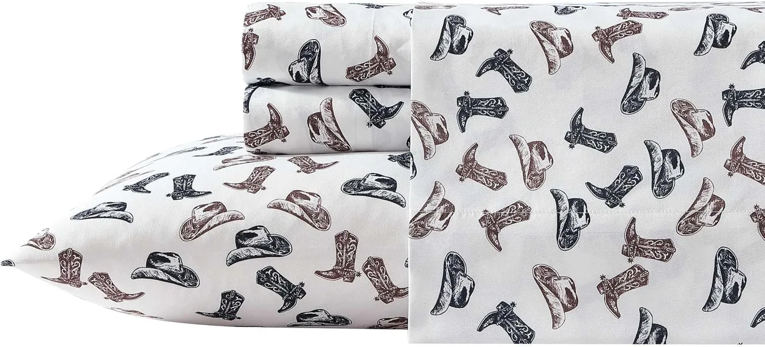 Wrangler - Sheet Set, Breathable & Wrinkle Resistant Bedding, Includes Matching Sham & Pillowcases, Yellowstone Inspired Bed Sheets, Ideal Dorm Essentials (Boots N Hats Black, Queen)