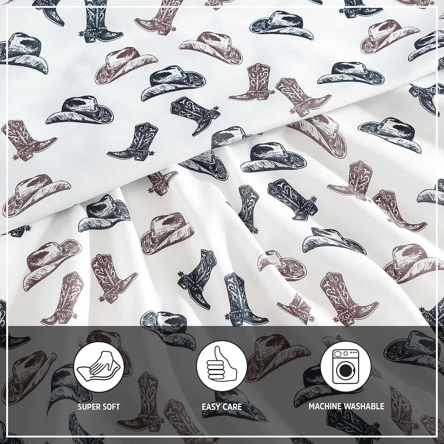 Wrangler - Sheet Set, Breathable & Wrinkle Resistant Bedding, Includes Matching Sham & Pillowcases, Yellowstone Inspired Bed Sheets, Ideal Dorm Essentials (Boots N Hats Black, Queen)
