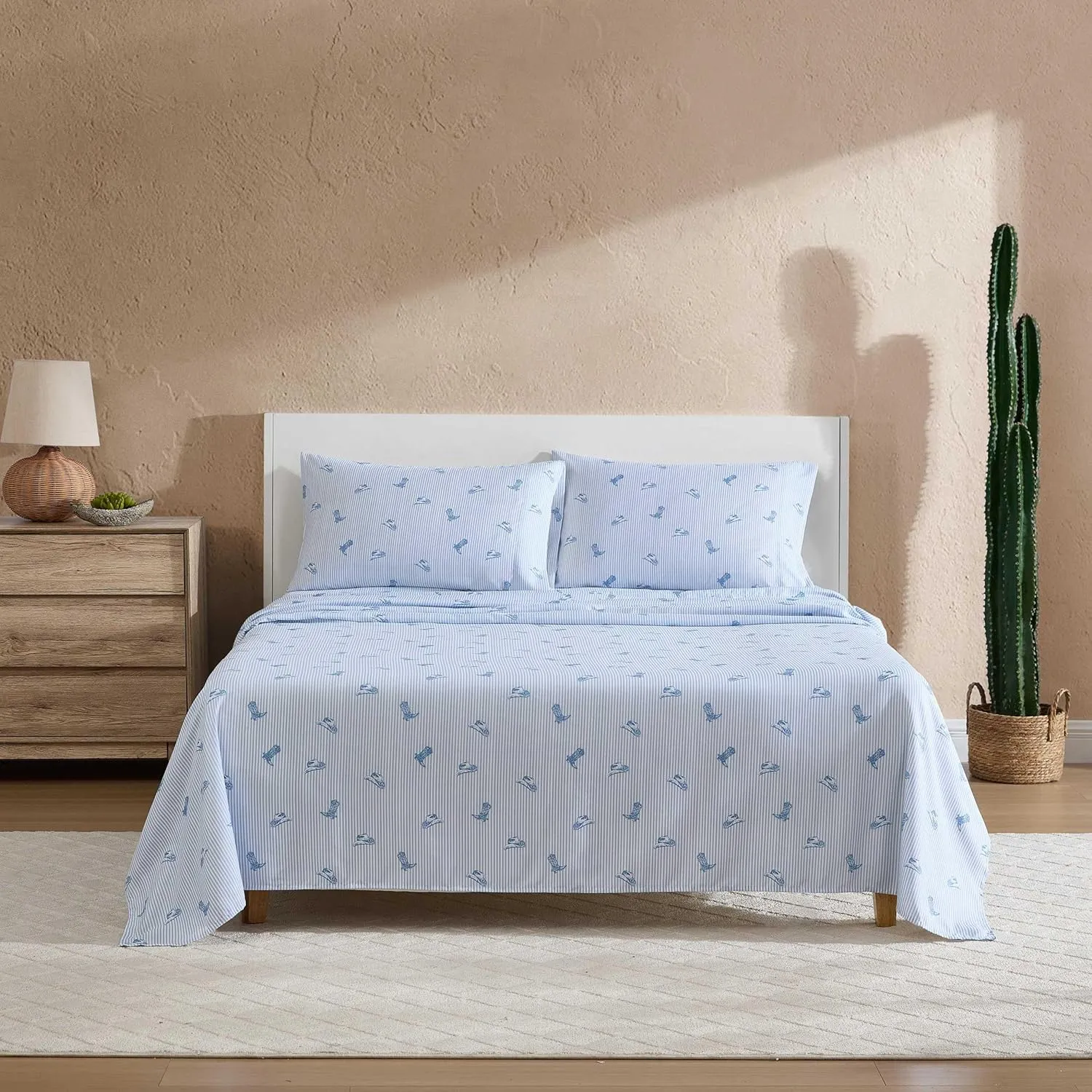 Wrangler - Sheet Set, Breathable & Wrinkle Resistant Bedding with Matching Pillowcase, Yellowstone Inspired, Fully Elasticized (Cowboy Pinstripe Blue, Queen)
