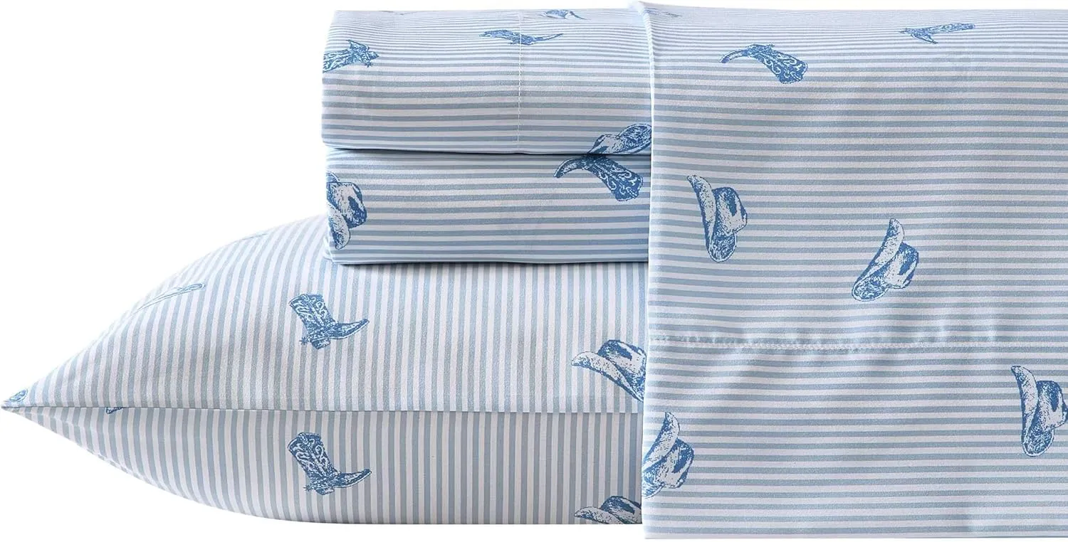 Wrangler - Sheet Set, Breathable & Wrinkle Resistant Bedding with Matching Pillowcase, Yellowstone Inspired, Fully Elasticized (Cowboy Pinstripe Blue, Queen)