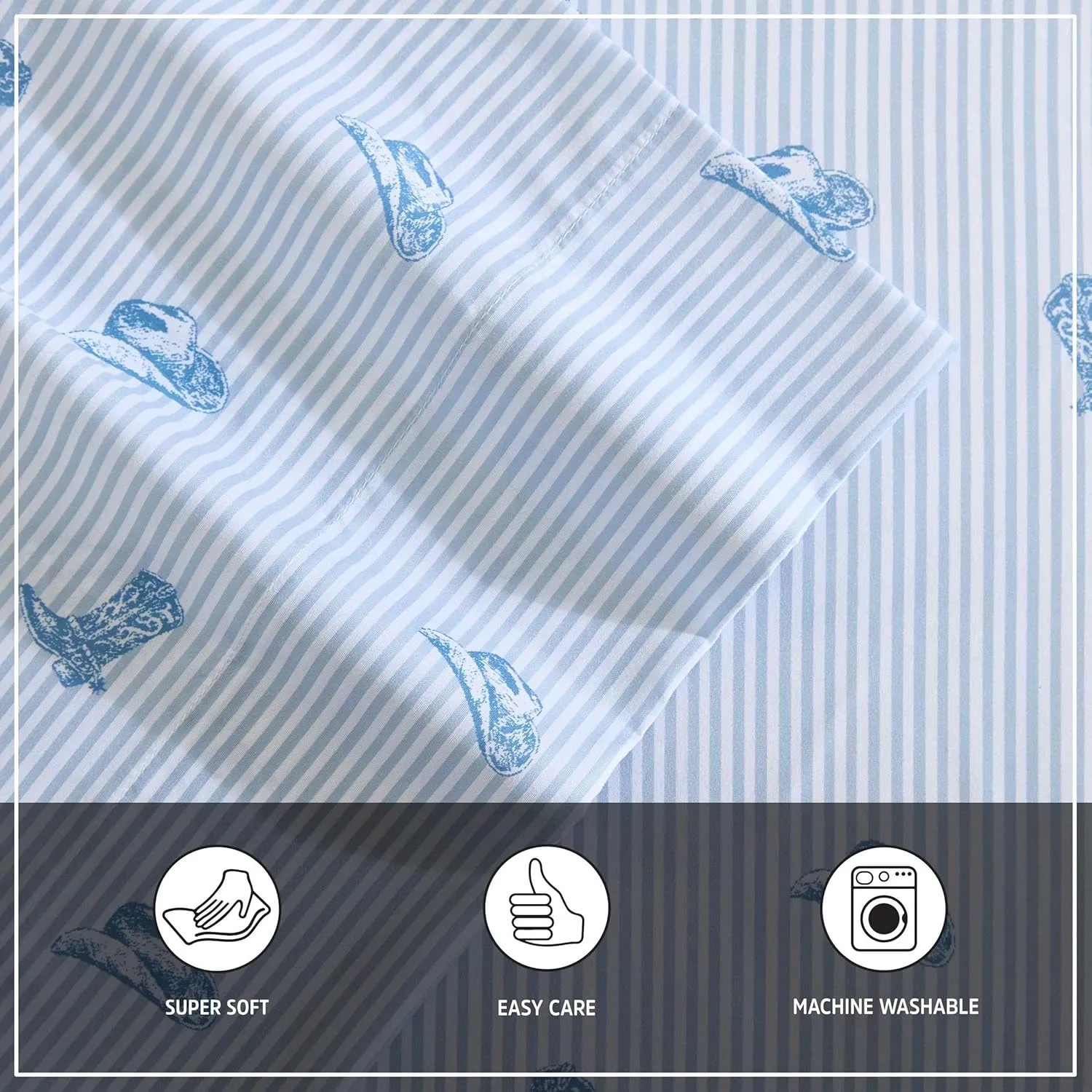 Wrangler - Sheet Set, Breathable & Wrinkle Resistant Bedding with Matching Pillowcase, Yellowstone Inspired, Fully Elasticized (Cowboy Pinstripe Blue, Queen)