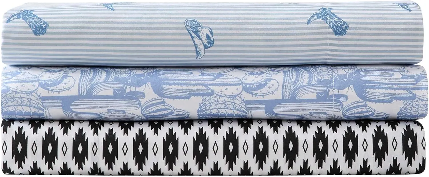 Wrangler - Sheet Set, Breathable & Wrinkle Resistant Bedding with Matching Pillowcase, Yellowstone Inspired, Fully Elasticized (Cowboy Pinstripe Blue, Queen)