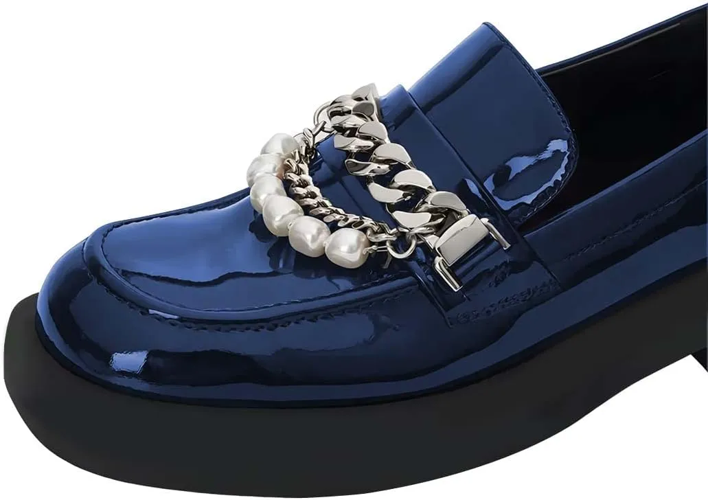 XYD Women Chic Platform Closed Square Toe Slip On Chains Pearl Loafer Patent Leather Low Chunky Heel Daily Walking Comfy Shoes