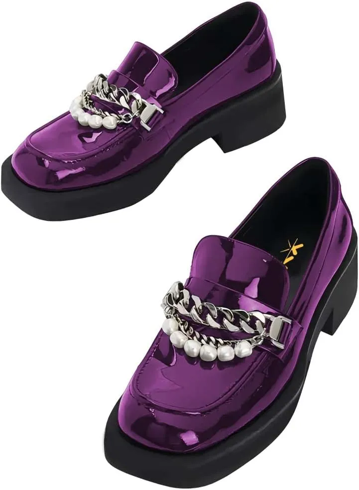 XYD Women Chic Platform Closed Square Toe Slip On Chains Pearl Loafer Patent Leather Low Chunky Heel Daily Walking Comfy Shoes