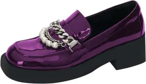 XYD Women Chic Platform Closed Square Toe Slip On Chains Pearl Loafer Patent Leather Low Chunky Heel Daily Walking Comfy Shoes