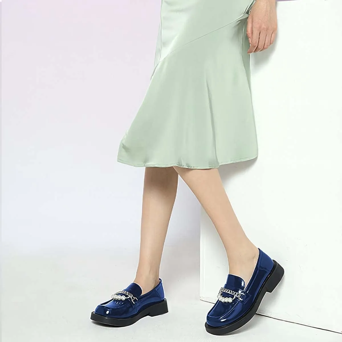XYD Women Chic Platform Closed Square Toe Slip On Chains Pearl Loafer Patent Leather Low Chunky Heel Daily Walking Comfy Shoes