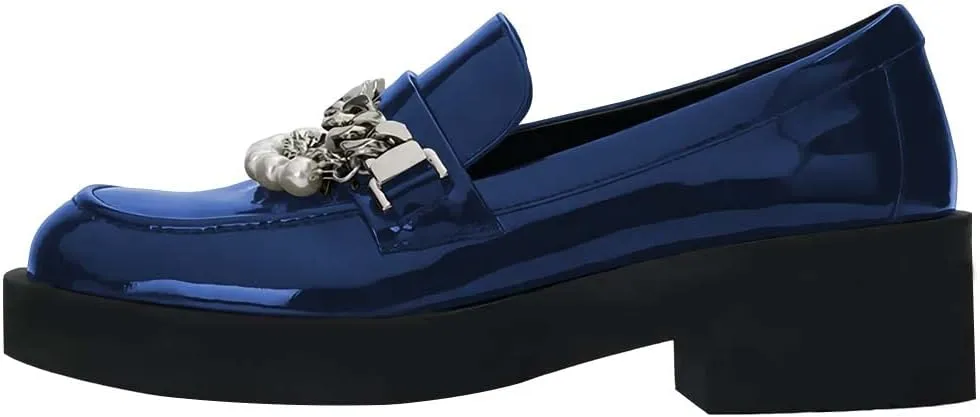 XYD Women Chic Platform Closed Square Toe Slip On Chains Pearl Loafer Patent Leather Low Chunky Heel Daily Walking Comfy Shoes