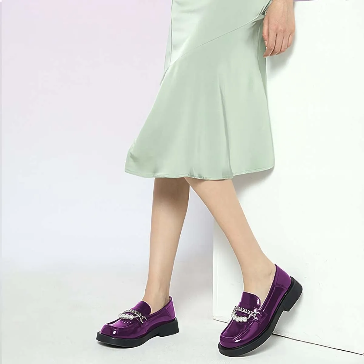XYD Women Chic Platform Closed Square Toe Slip On Chains Pearl Loafer Patent Leather Low Chunky Heel Daily Walking Comfy Shoes