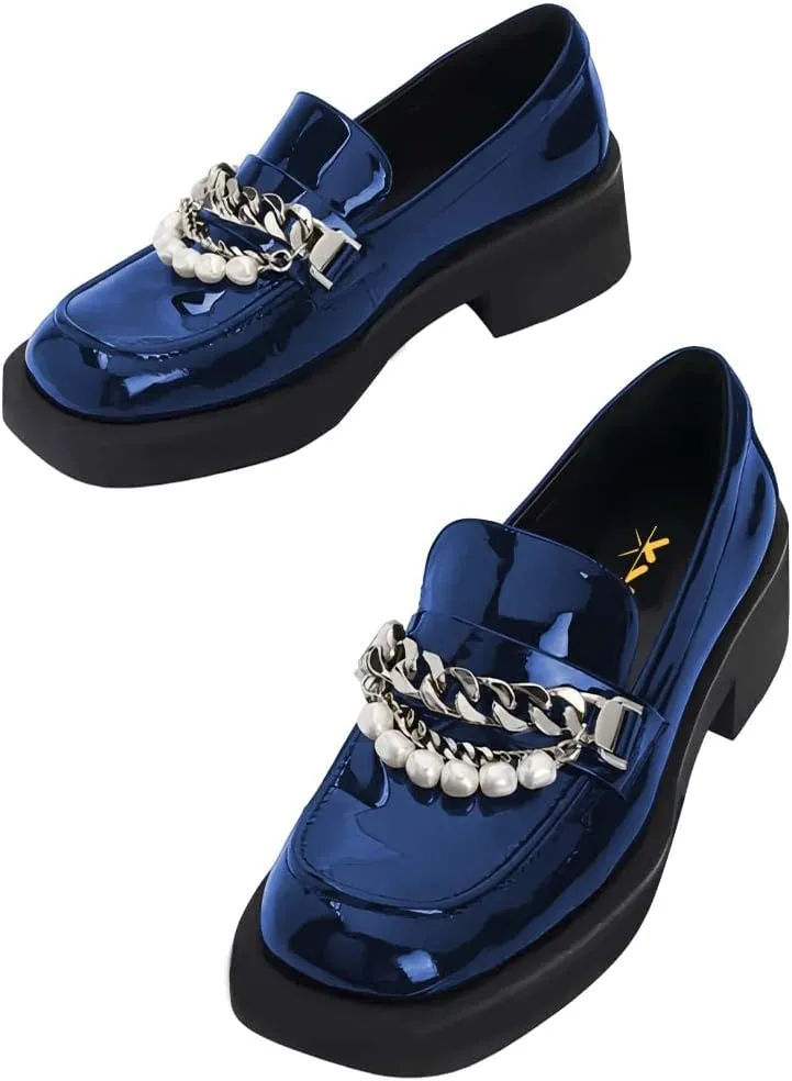 XYD Women Chic Platform Closed Square Toe Slip On Chains Pearl Loafer Patent Leather Low Chunky Heel Daily Walking Comfy Shoes