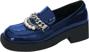 XYD Women Chic Platform Closed Square Toe Slip On Chains Pearl Loafer Patent Leather Low Chunky Heel Daily Walking Comfy Shoes