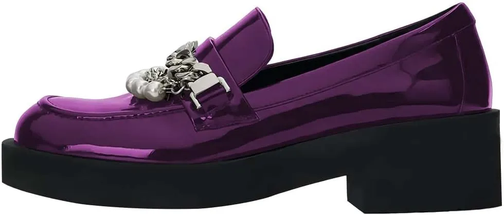 XYD Women Chic Platform Closed Square Toe Slip On Chains Pearl Loafer Patent Leather Low Chunky Heel Daily Walking Comfy Shoes
