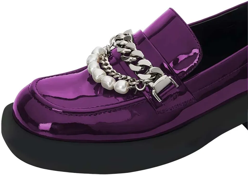 XYD Women Chic Platform Closed Square Toe Slip On Chains Pearl Loafer Patent Leather Low Chunky Heel Daily Walking Comfy Shoes