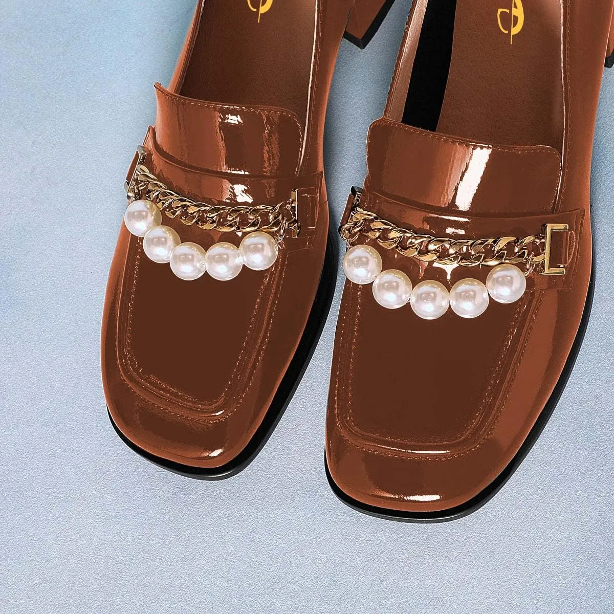 XYD Women Classic Closed Square Toe Golden Chain Pearl Loafer Low Chunky Heel Slip On Fall Daily Walking Comfy Shoes