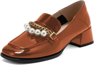 XYD Women Classic Closed Square Toe Golden Chain Pearl Loafer Low Chunky Heel Slip On Fall Daily Walking Comfy Shoes