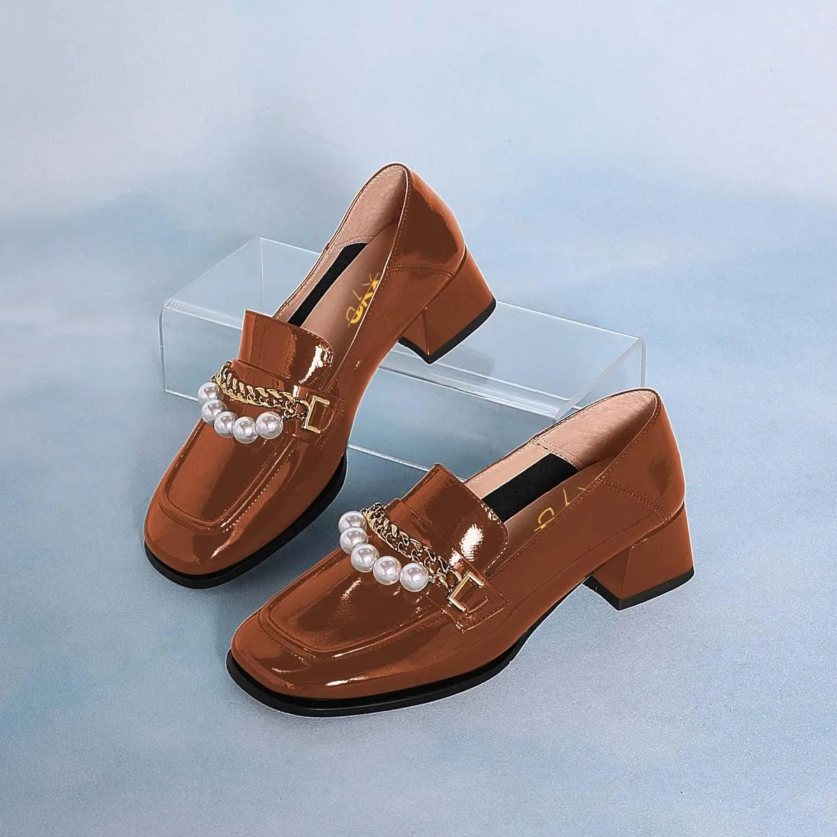 XYD Women Classic Closed Square Toe Golden Chain Pearl Loafer Low Chunky Heel Slip On Fall Daily Walking Comfy Shoes