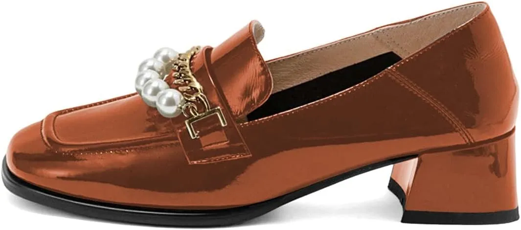 XYD Women Classic Closed Square Toe Golden Chain Pearl Loafer Low Chunky Heel Slip On Fall Daily Walking Comfy Shoes