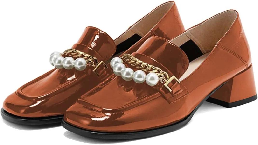 XYD Women Classic Closed Square Toe Golden Chain Pearl Loafer Low Chunky Heel Slip On Fall Daily Walking Comfy Shoes