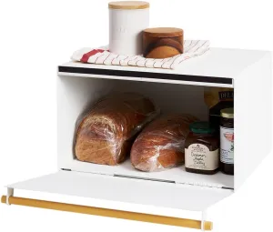 Yamazaki Home Bread Box Keeper Holder Container, Metal Bread Holder Saver, Slim Space Saving Counter Storage Steel   WoodWhite