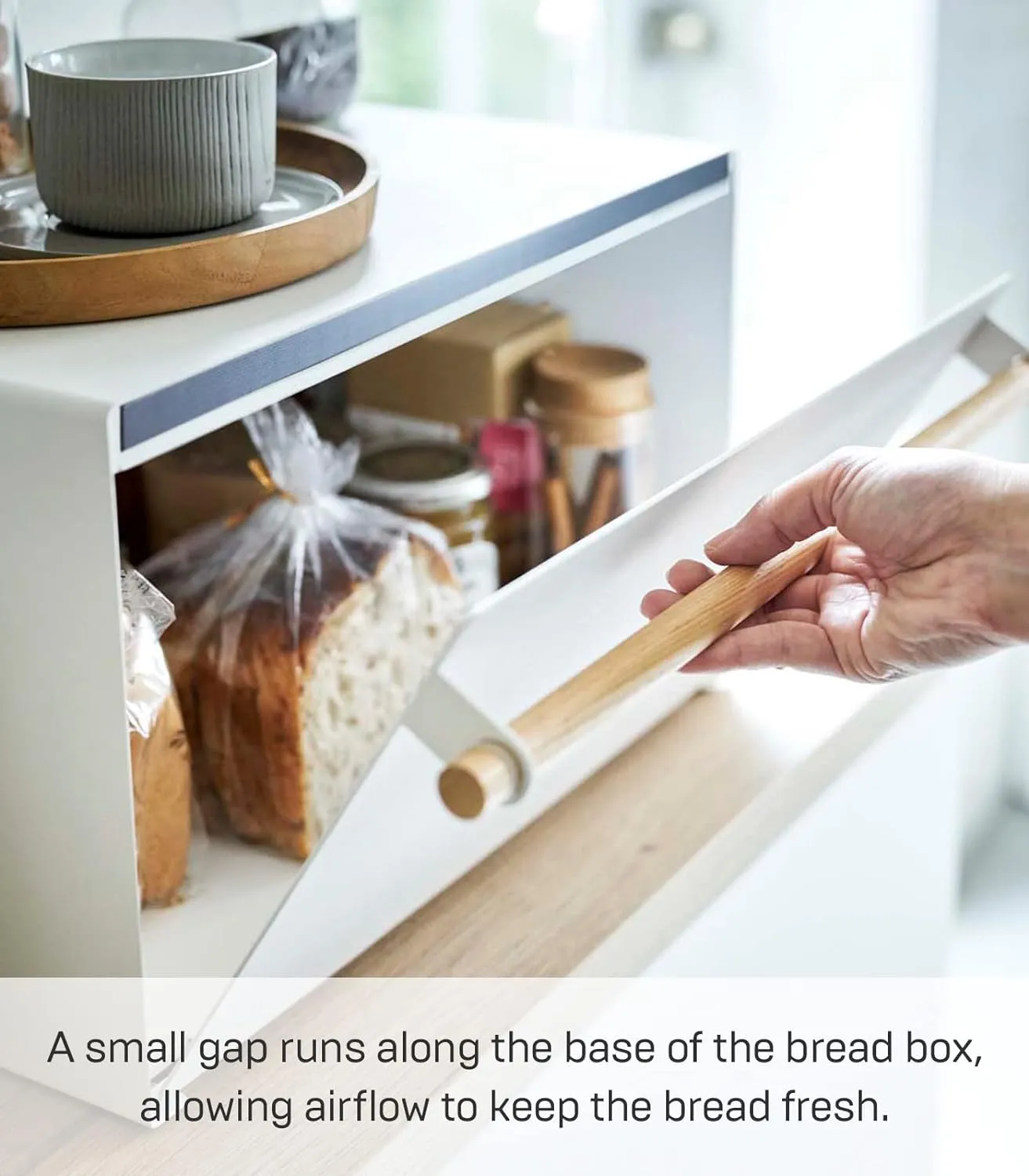 Yamazaki Home Bread Box Keeper Holder Container, Metal Bread Holder Saver, Slim Space Saving Counter Storage Steel   WoodWhite
