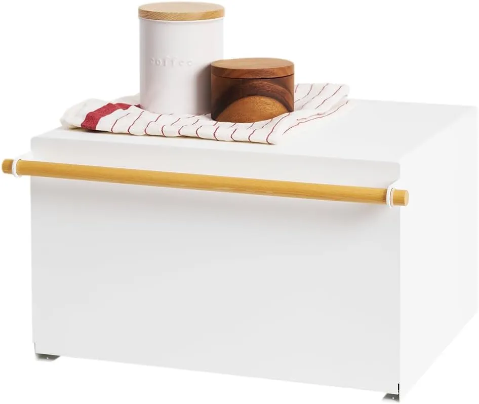 Yamazaki Home Bread Box Keeper Holder Container, Metal Bread Holder Saver, Slim Space Saving Counter Storage Steel   WoodWhite