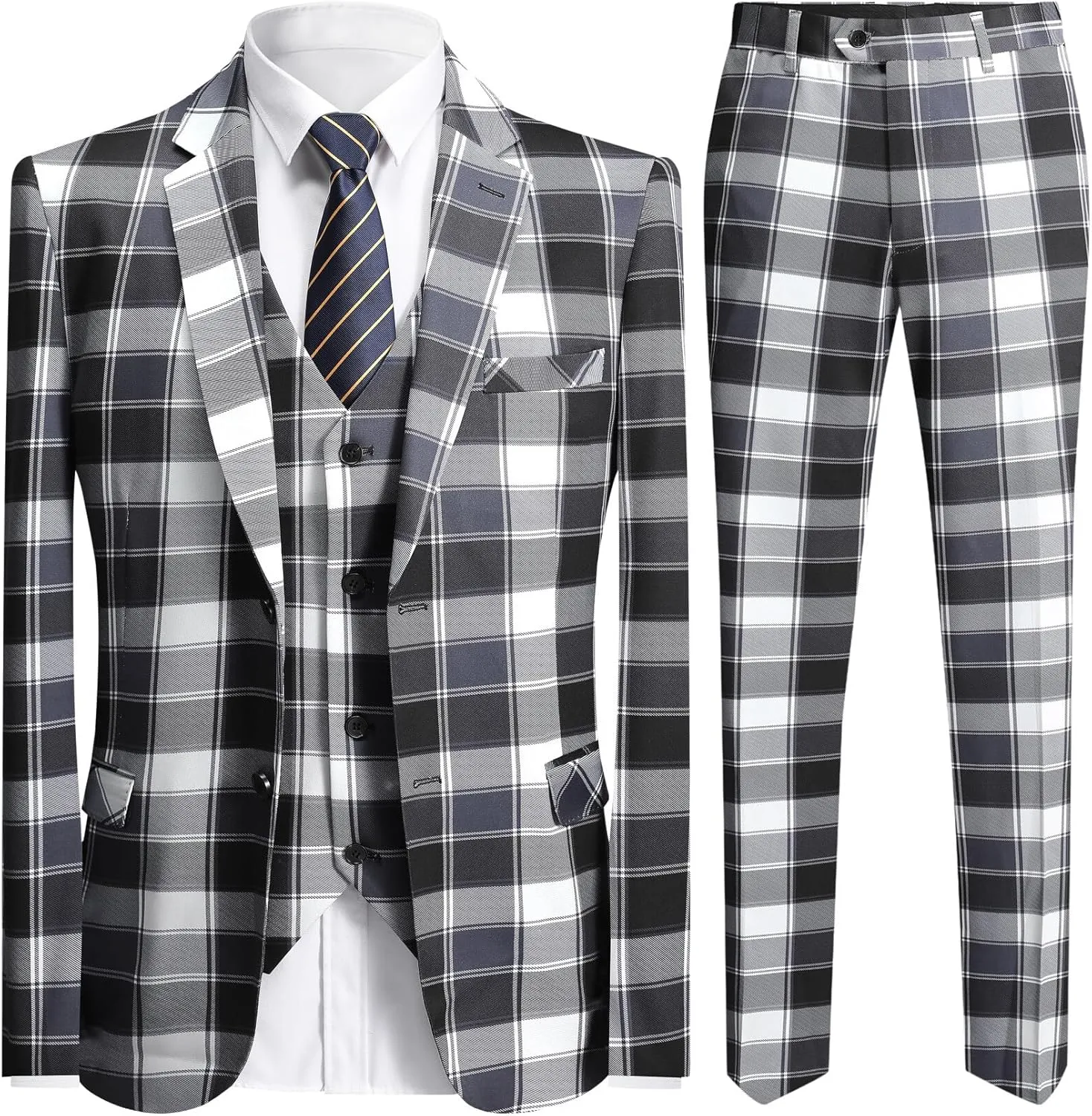 YFFUSHI Men's Plaid Tweed 3 Piece Suit Slim Fit Button Dinner Suit Tuxedo