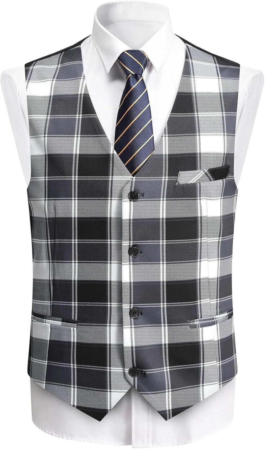 YFFUSHI Men's Plaid Tweed 3 Piece Suit Slim Fit Button Dinner Suit Tuxedo