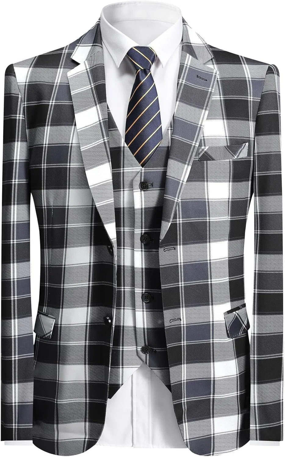 YFFUSHI Men's Plaid Tweed 3 Piece Suit Slim Fit Button Dinner Suit Tuxedo