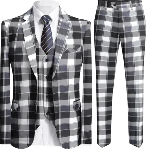 YFFUSHI Men's Plaid Tweed 3 Piece Suit Slim Fit Button Dinner Suit Tuxedo
