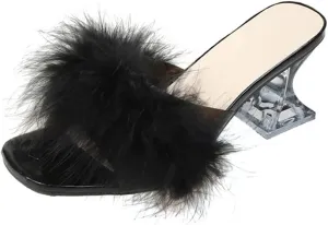 YIBLBOX Women's Fluffy Feather Square Toe High Clear Block Heel High Heels Wedding Dress Heel Sandal