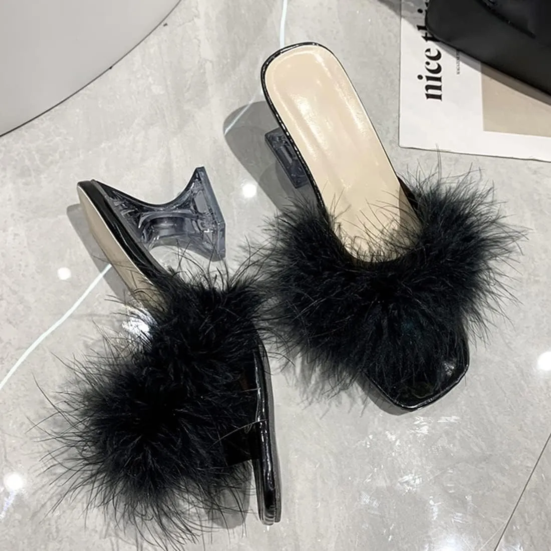 YIBLBOX Women's Fluffy Feather Square Toe High Clear Block Heel High Heels Wedding Dress Heel Sandal