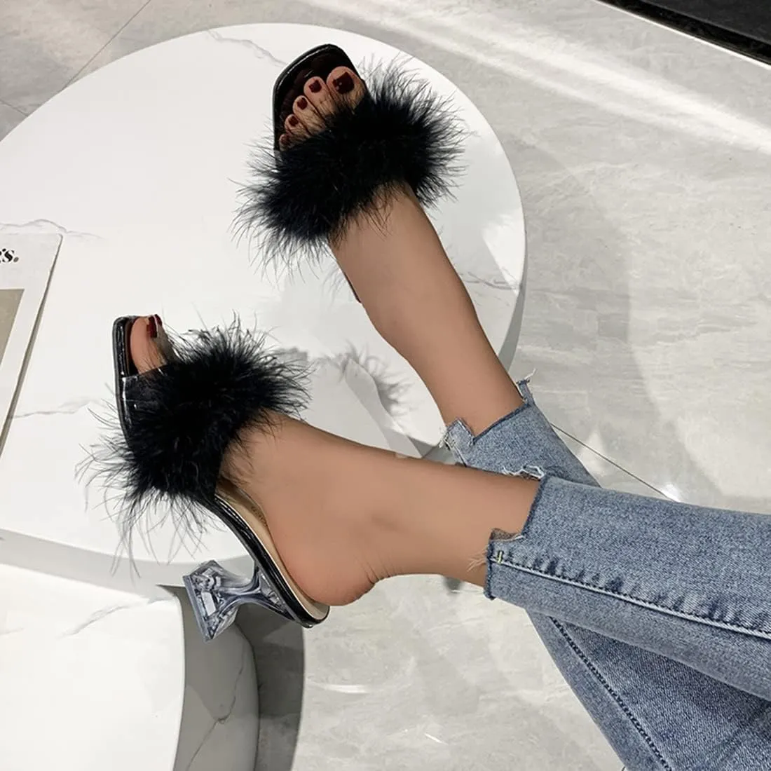 YIBLBOX Women's Fluffy Feather Square Toe High Clear Block Heel High Heels Wedding Dress Heel Sandal