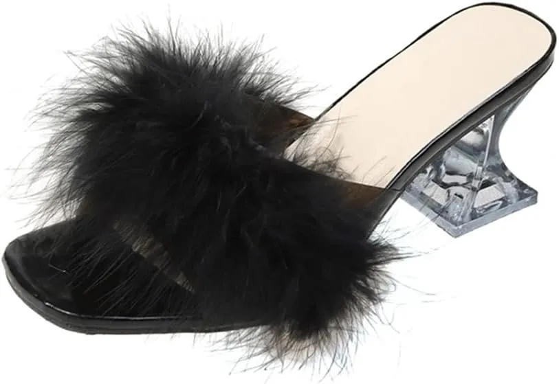 YIBLBOX Women's Fluffy Feather Square Toe High Clear Block Heel High Heels Wedding Dress Heel Sandal