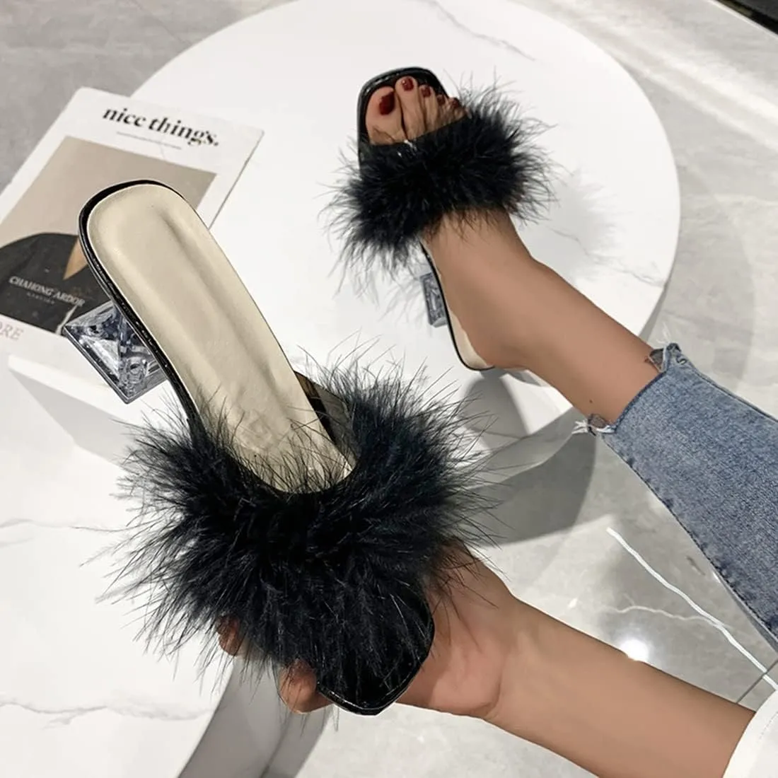 YIBLBOX Women's Fluffy Feather Square Toe High Clear Block Heel High Heels Wedding Dress Heel Sandal