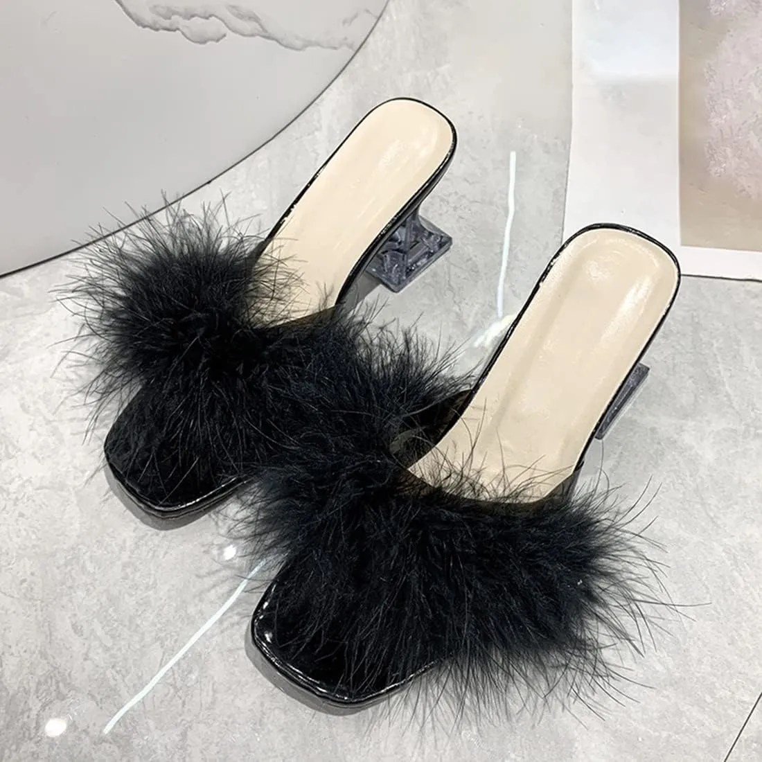 YIBLBOX Women's Fluffy Feather Square Toe High Clear Block Heel High Heels Wedding Dress Heel Sandal