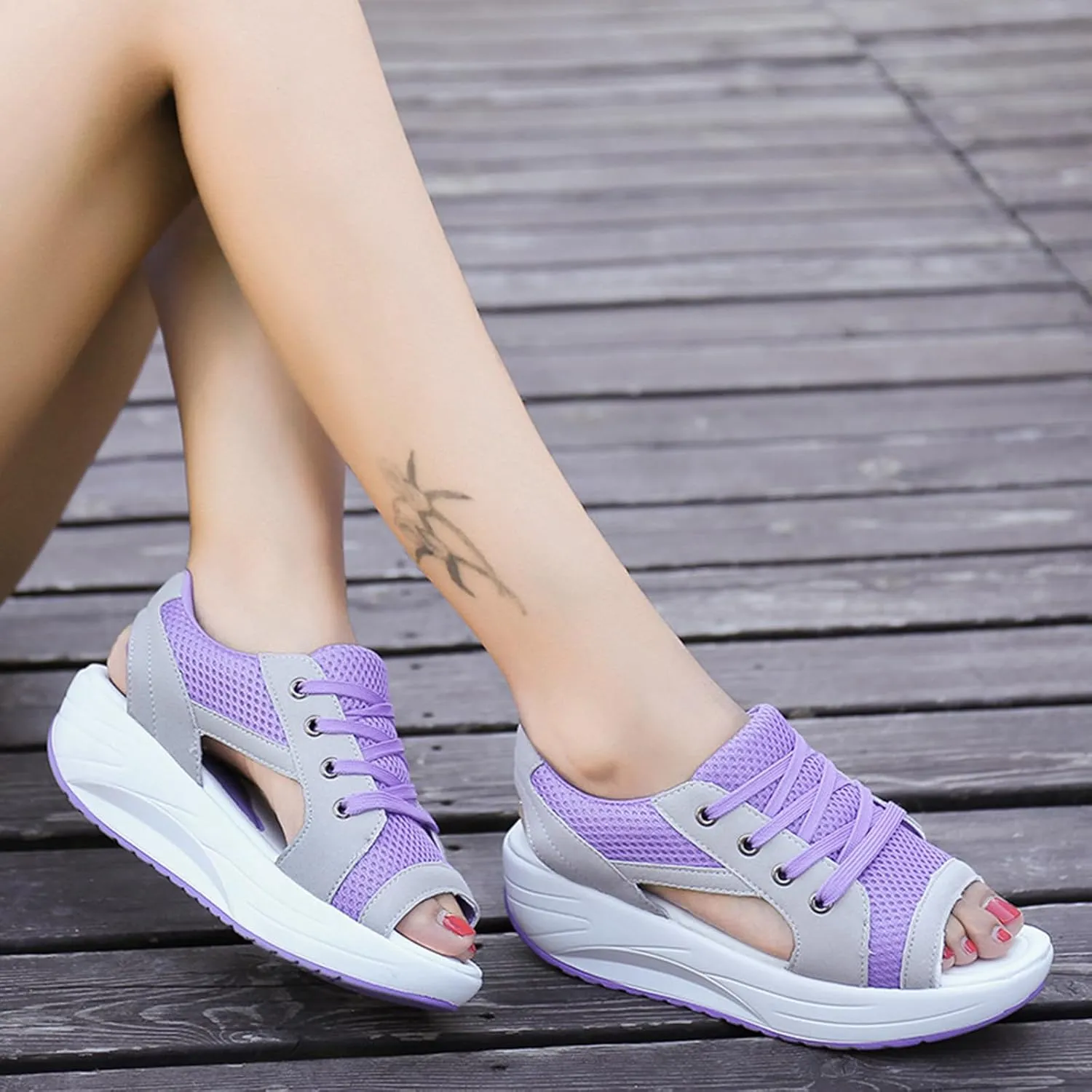 YIBLBOX Womens Sandals Contrast Paneled Cutout Lace-Up Sandals Causal Toe Platform Sandals