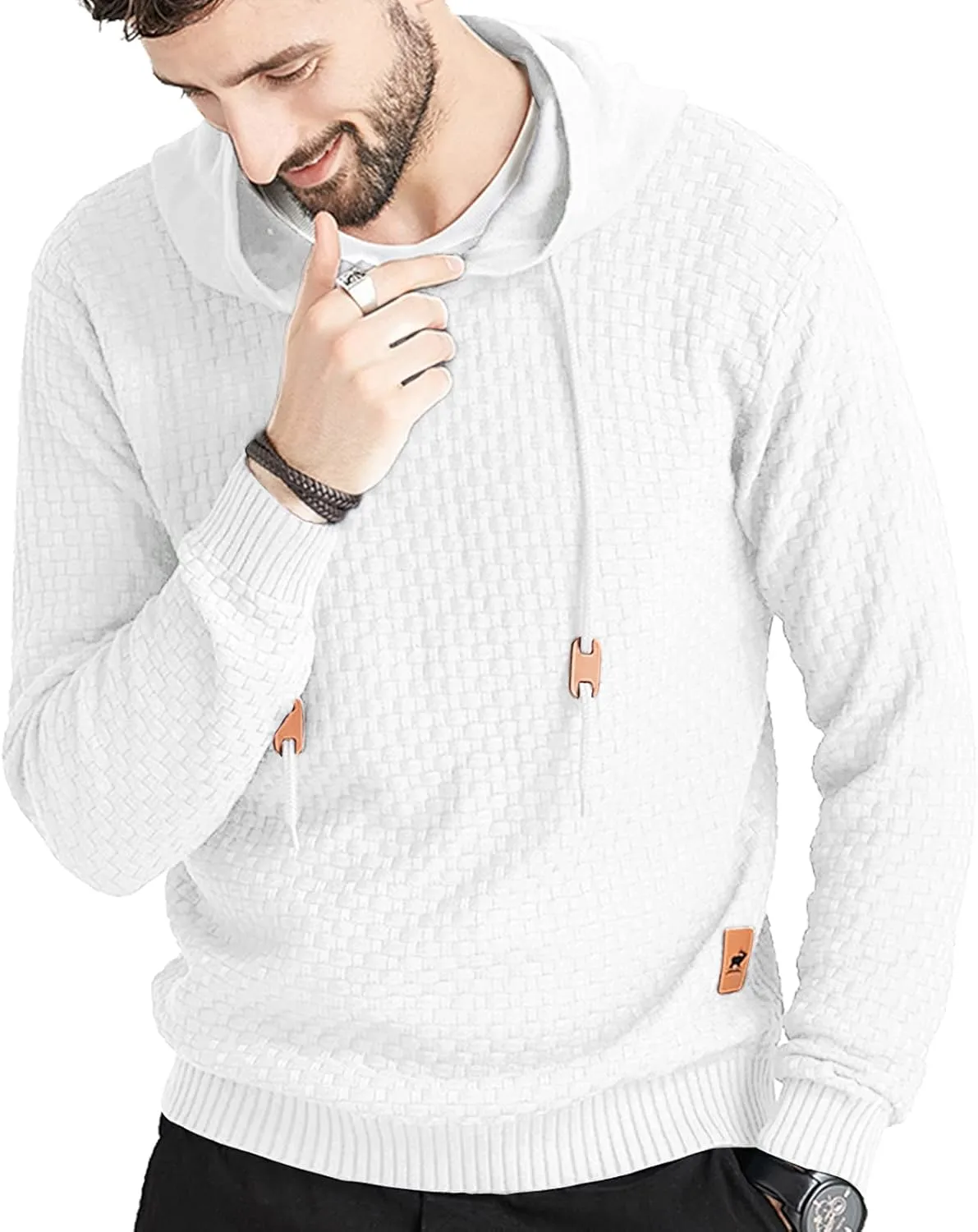 Zaitun Mens Hooded Sweatshirt Long Sleeve Solid Knitted Hoodie Pullover Sweater